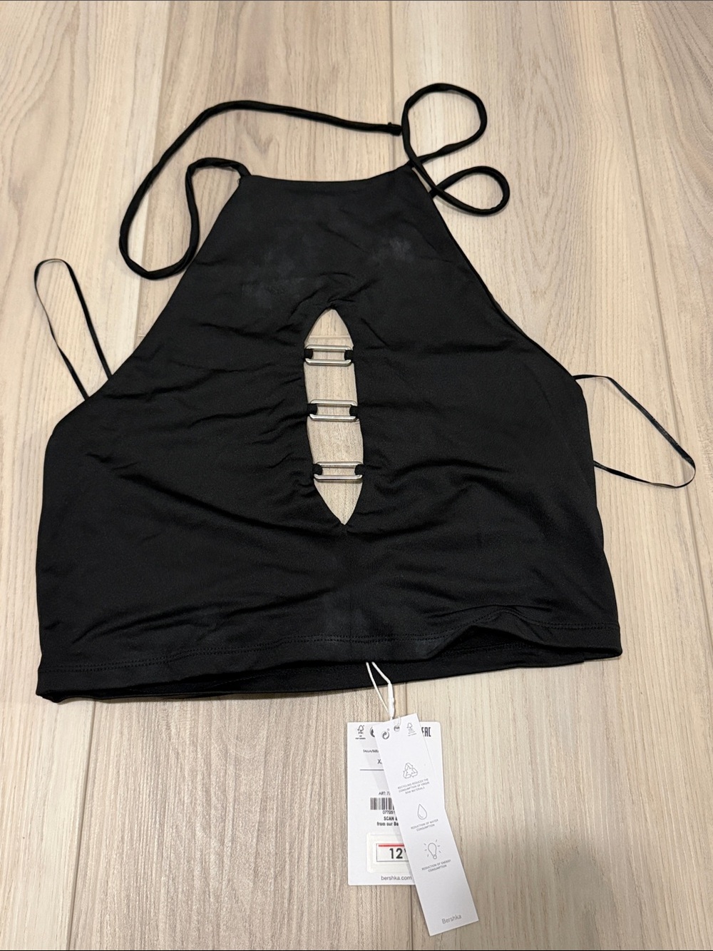 Bershka Black Ribbed Halter Crop Top with Ring Detail